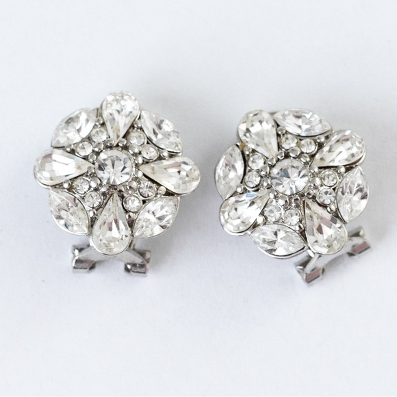 Unique dressy sparkly clear stone cluster clip on earrings with silver - Picture 12 of 15